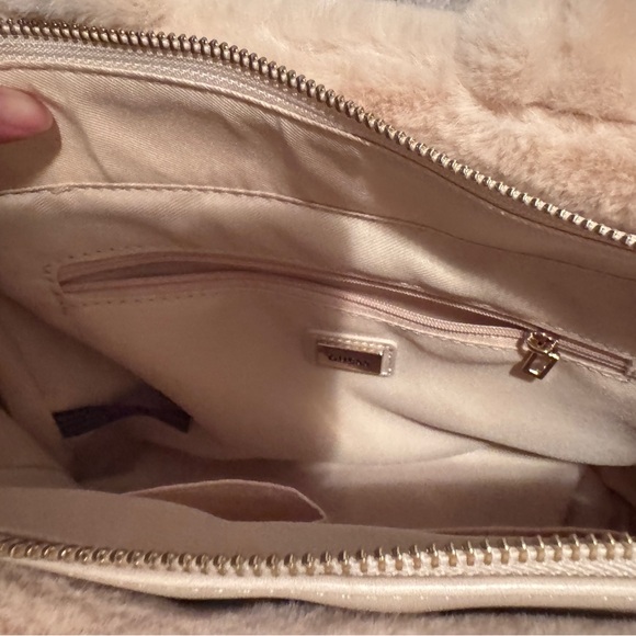 GUESS Faux Fur Quilted Satchel Bag with Pom-Pom – Beige – Never Used - Picture 9 of 12